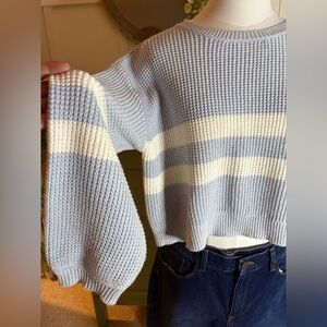 By Together Light Blue & White Color-Block Stripe Waffle Knit Cropped Sweater(M)